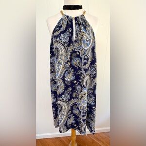 New MICHAEL Kors Paisley Chiffon Flowy High Low Dress Gold Chain S NWT Navy Blue